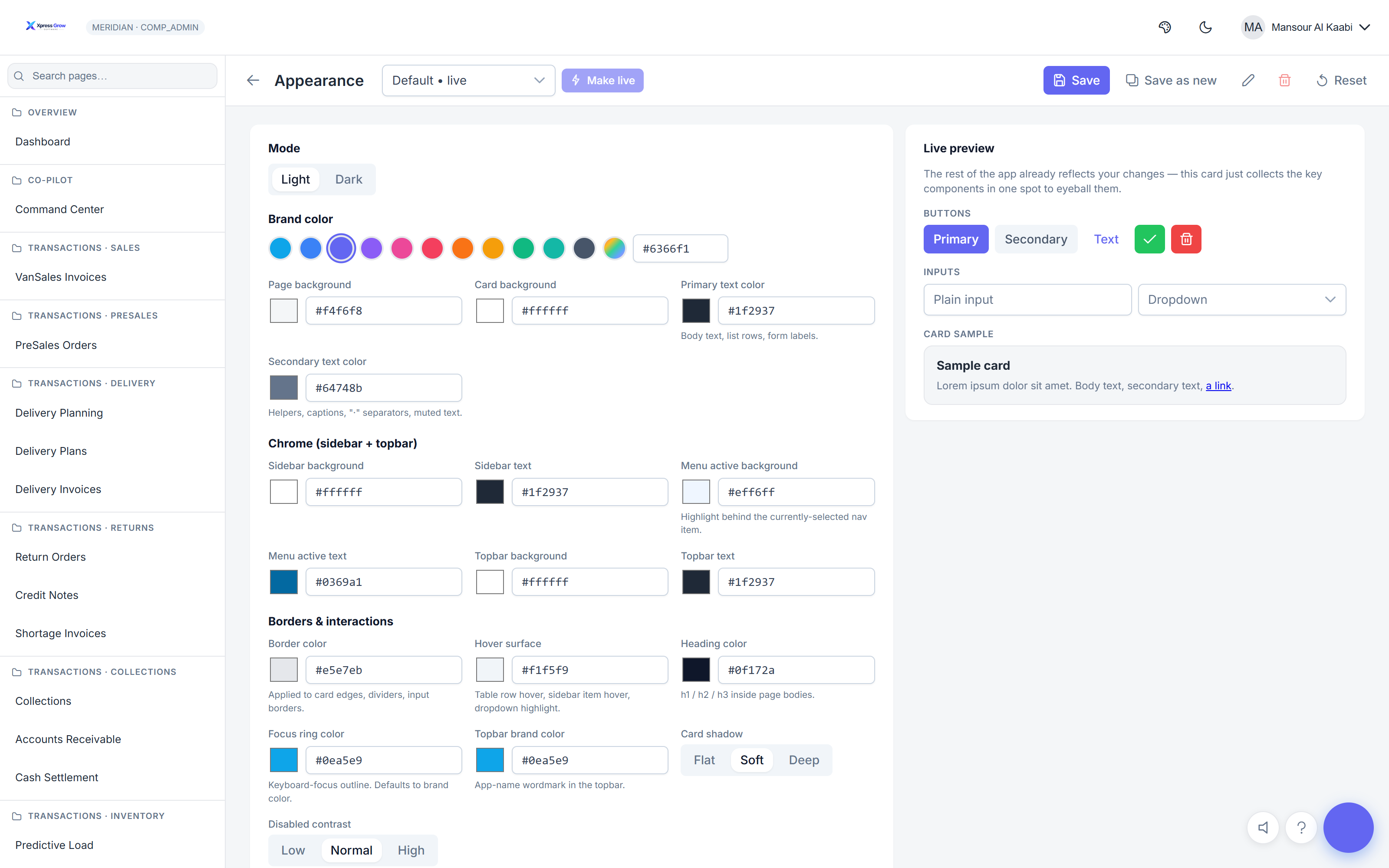 The web portal Appearance customizer: brand colour, page and card surfaces, primary and secondary text, sidebar and topbar chrome, borders and card shadow — each with a hex value — beside a live preview of buttons, inputs and a sample card