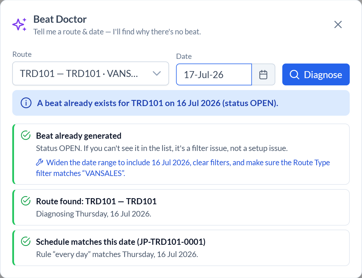 Beat Doctor dialog diagnosing route TRD101 — route found, schedule matches the date, beat already generated, each a green-checked rule with a plain-language explanation