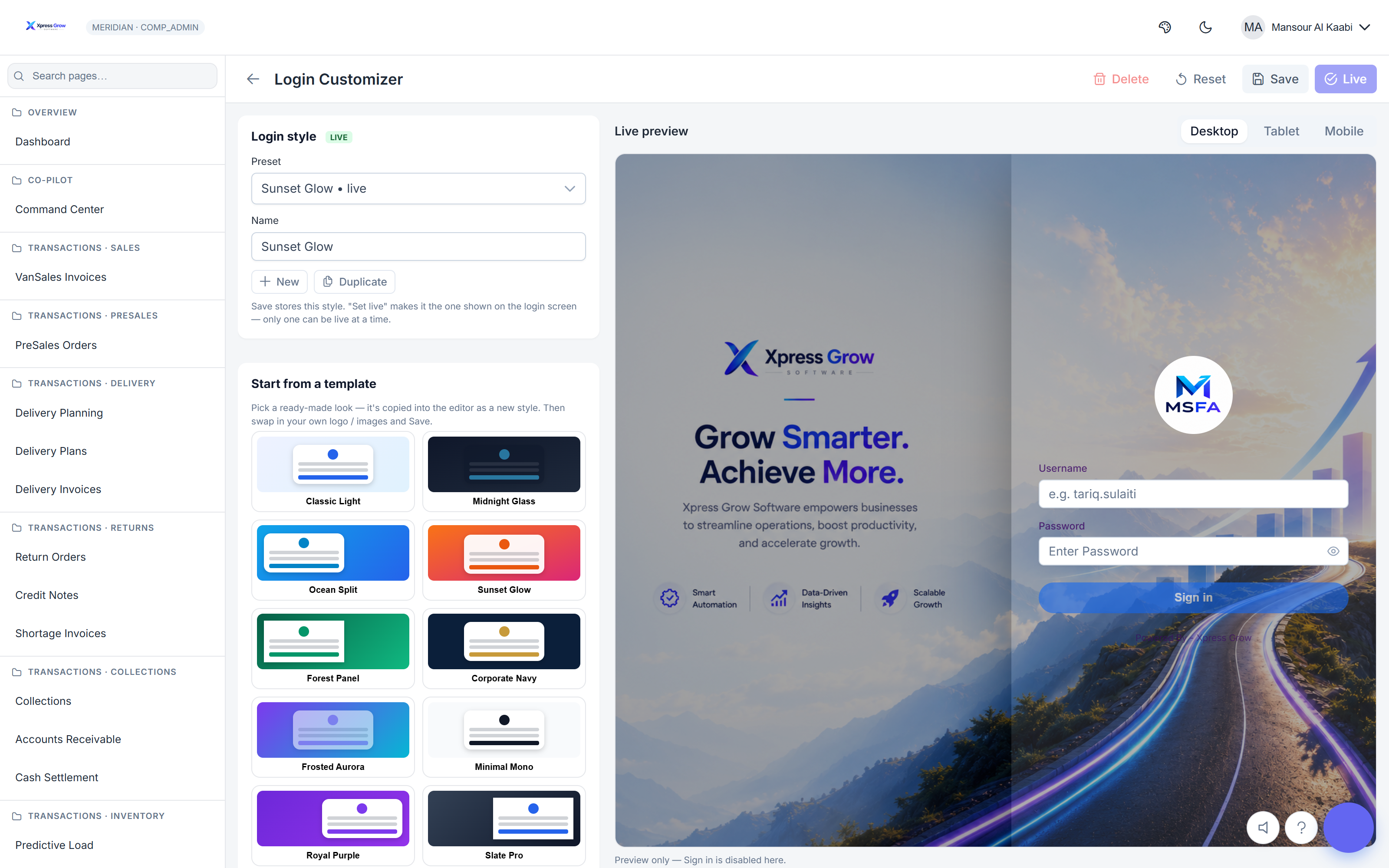 The Login Customizer: a gallery of login-screen templates (Classic Light, Ocean Split, Sunset Glow, Corporate Navy and more) beside a live desktop preview of a branded login with a custom logo, headline and background imagery, and desktop/tablet/mobile preview toggles